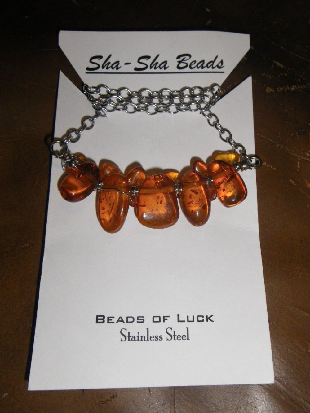 Women’s Stainless Steel Necklace w/ Amber Beads of Luck